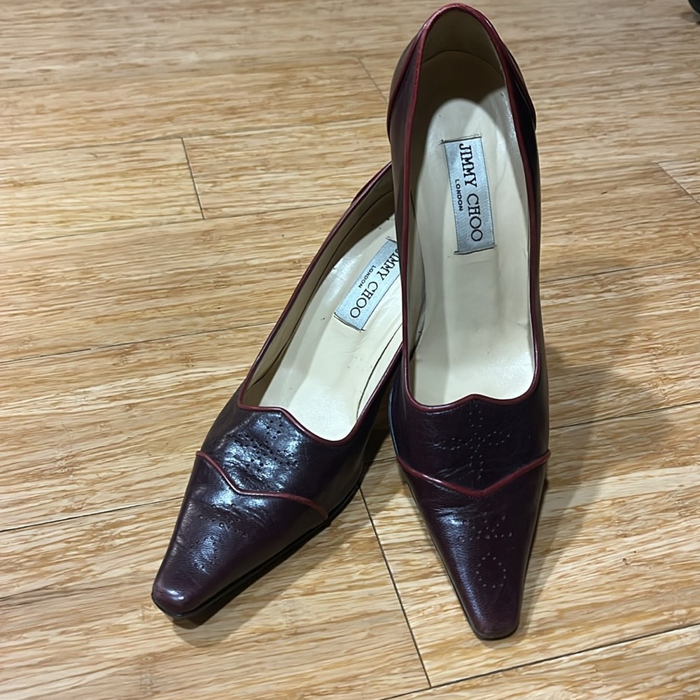 $450 Jimmy Choo Plum/deep Burgundy trim leather pumps, size 38-7.5-8 M